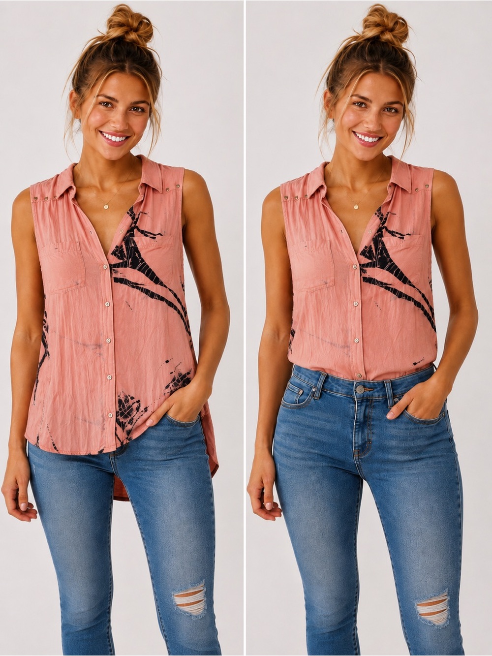 Rock & Republic Studded Sleeveless Button Front Blouse Top Pink Black S NWT